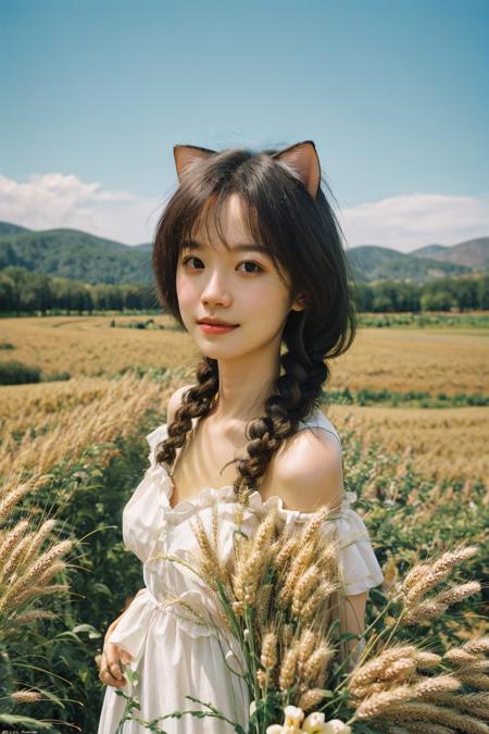 00230-4178159877-young 1girl with braided hair and fluffy cat ears, dressed in Off-Shoulder Sundress, standing in a rustic farm setting. She has.png